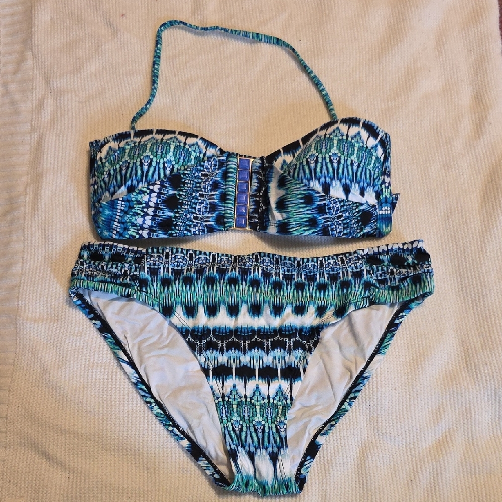 La Blanca Blue and Green Patterned Bandeau Bikini 6/8